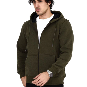 Tam Fermuarlı Kapşonlu  SweatShirt - Haki -